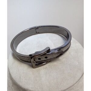 Gunmetal Buckle Bangle Bracelet Silver Glitter Inlay Hinged Cuff Dark Grey Metal